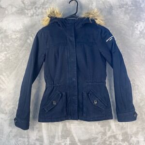 Abercrombie Kids Navy Blue Hooded Parka Jacket Faux Fur Trim Sherpa Lined XL